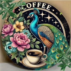 Boho Peacock and Coffee Floral Tin Foil Wall Art